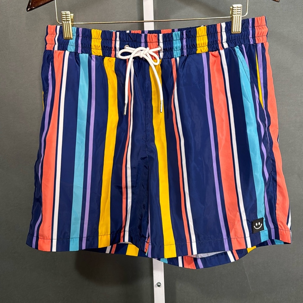 Shein Men's Navy Swim Shorts In Stripe Print Size Medium